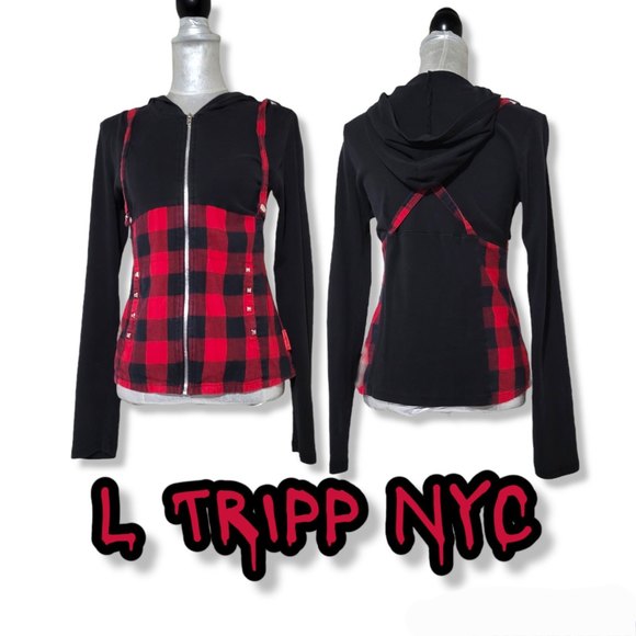 Vintage Tripp Nyc hoodie plaid studded straps black red y2k large